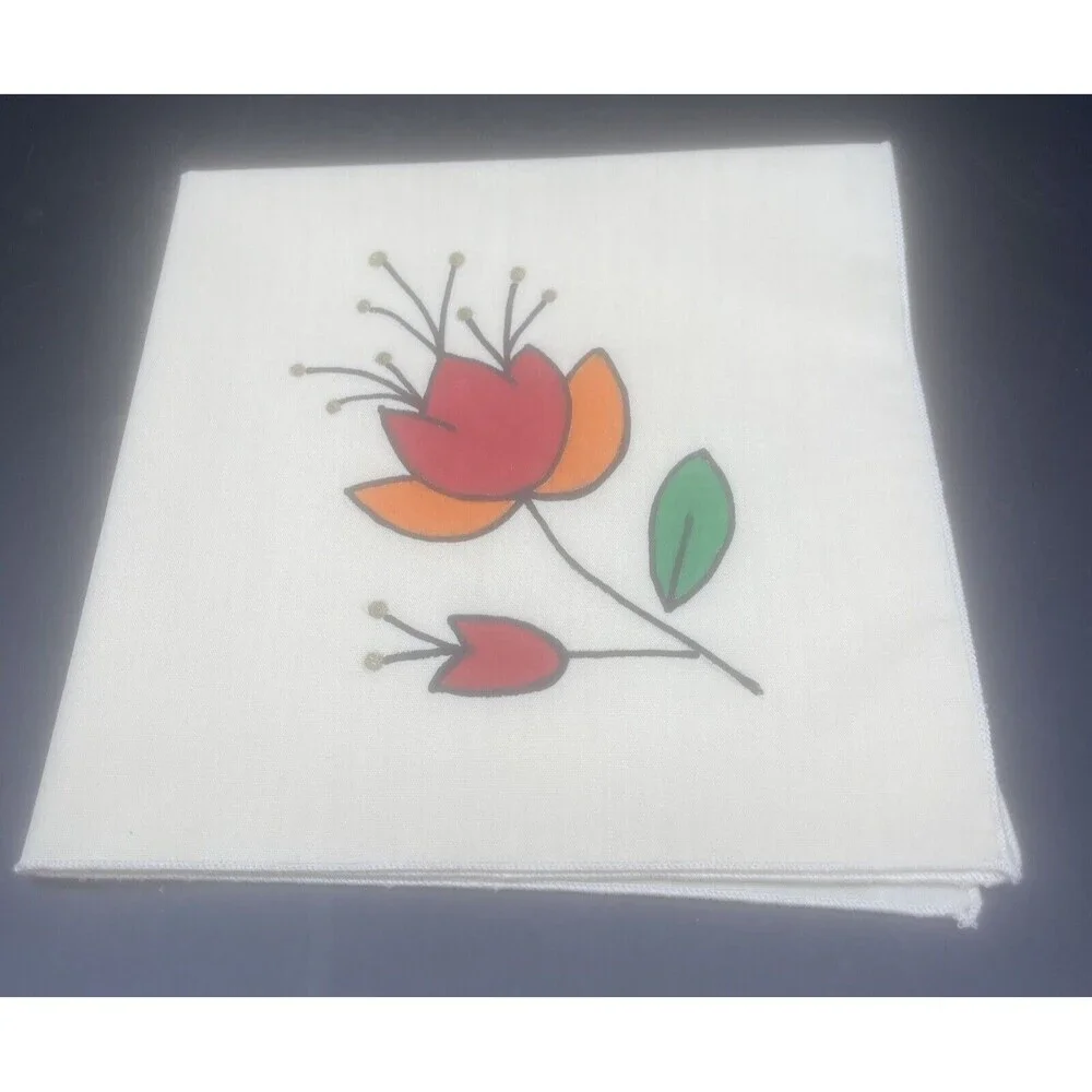 Cream Cloth Napkins W/ Bright Stenciled Flowers Orange Red Flowers 14.5” - 4‎